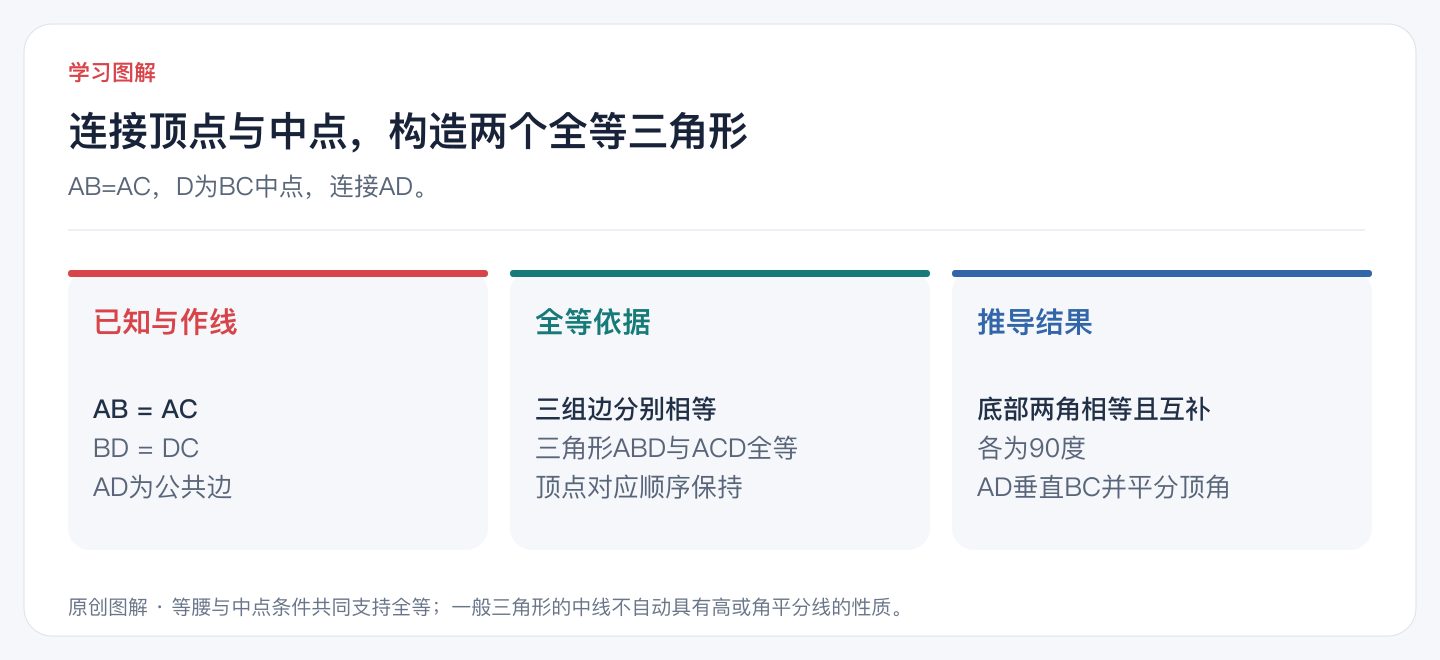 连接顶点与中点，构造两个全等三角形