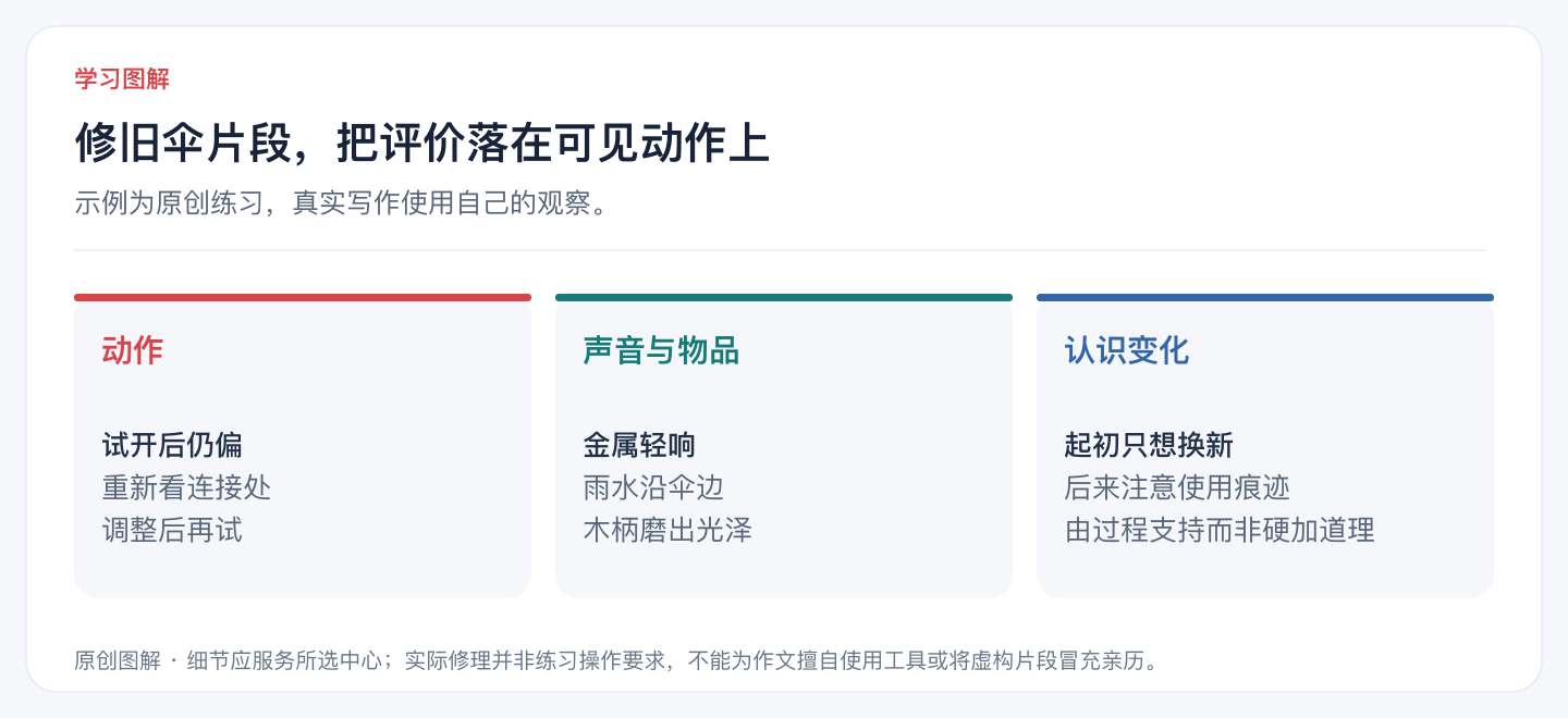 修旧伞片段，把评价落在可见动作上